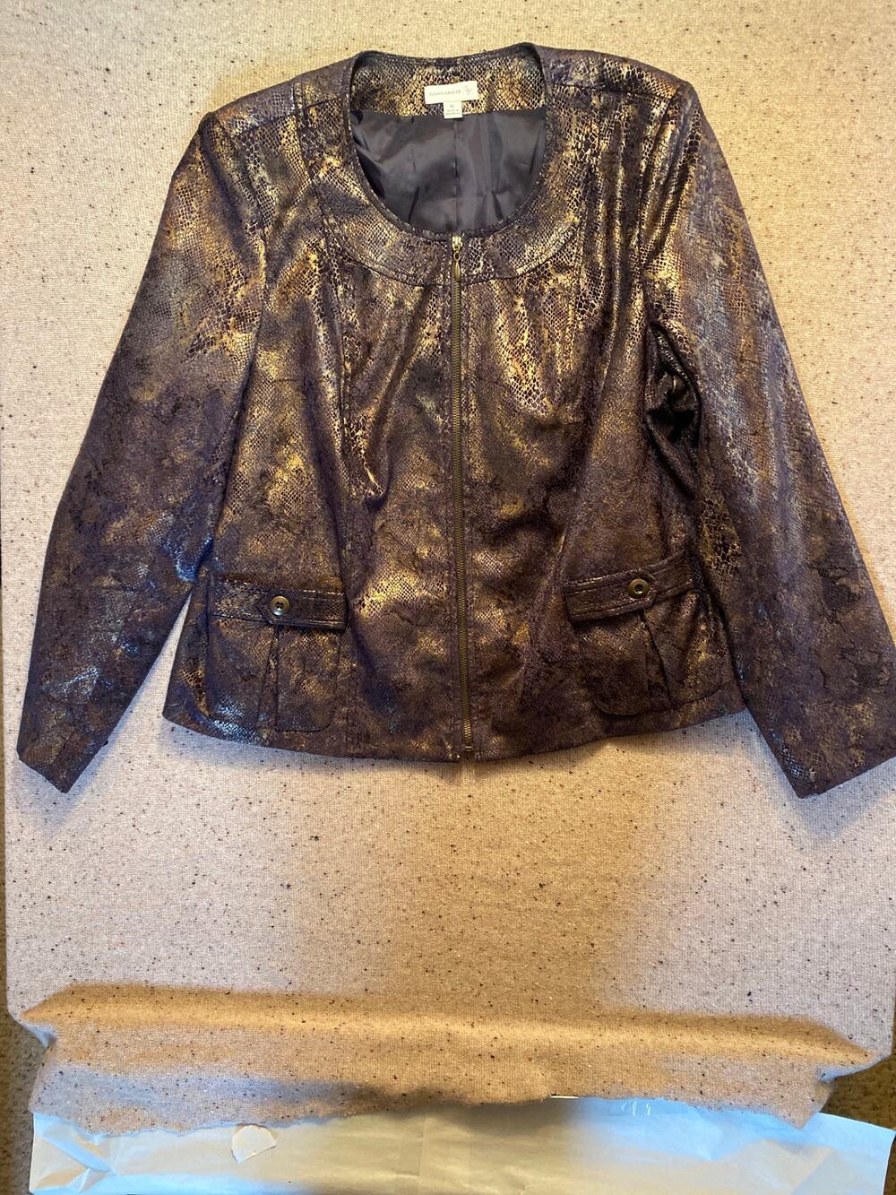 Susan Graver Faux Snakeskin Zip Jacket Blazer XL Purple Gold